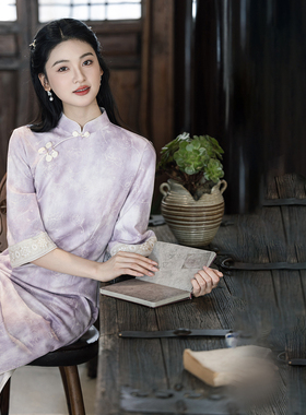 春秋新款旗袍紫色新中式改良日常连衣裙学生气质温婉淑女甜美8037