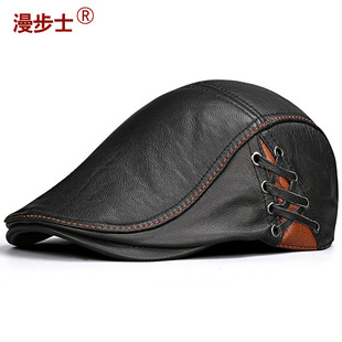单层牛皮鸭舌帽男士秋冬真皮韩版休闲前进帽中老年人薄款真皮帽子