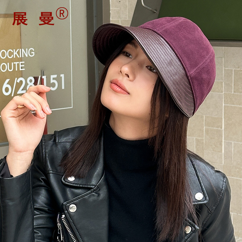 真皮帽子女潮款大檐鸭舌帽时尚羊皮反绒渔夫帽秋冬户外显脸小韩版