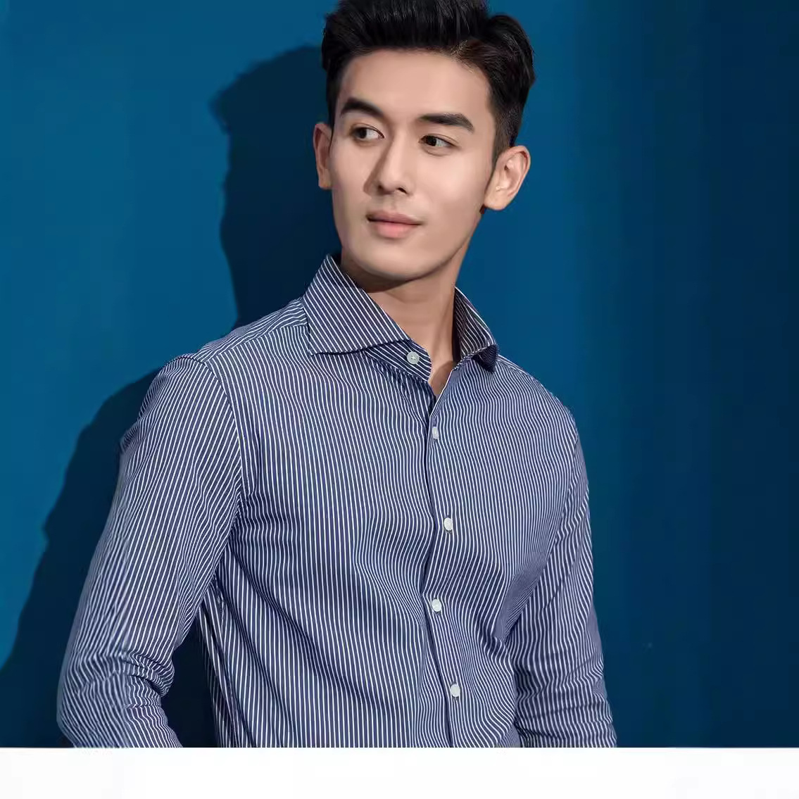 春秋新款细条纹衬衫士商务休闲正装温莎领春秋微弹修身长袖衬衣潮