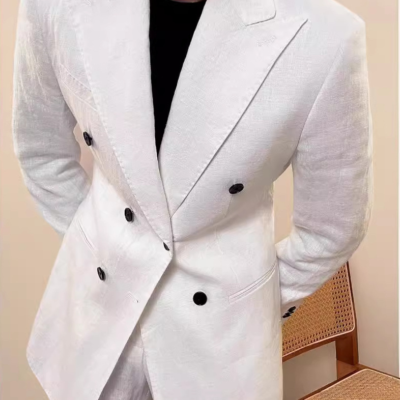 春夏纯亚麻双排口西服套装男薄款戗驳领高级感修身商务休闲西装