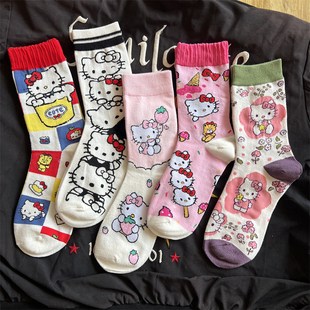 凯蒂猫甜美卡通中筒袜女秋季 5双装 百搭日系动漫可爱袜运动袜 包邮