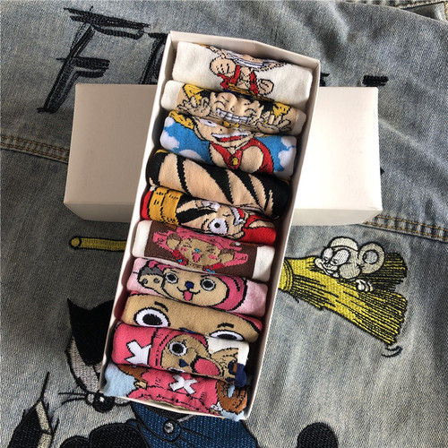 包邮5双装短筒袜子女潮流情侣百搭网红款卡通草帽路飞海贼袜子男