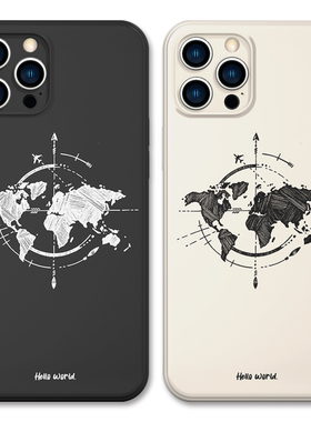 手绘世界地图简约适用华为MATE60手机壳苹果16ProMax液态硅胶Phone15涂鸦Pura70小米15防摔全包IQOO13红米K80