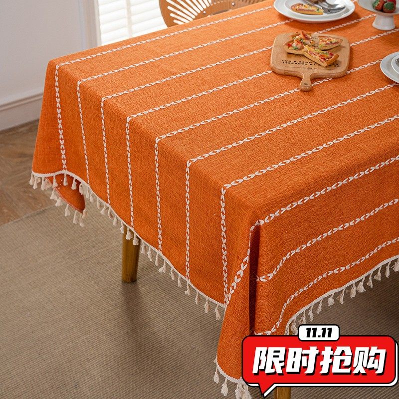 日式刺绣条纹镂空桌布素色棉麻餐桌布黑色茶几布流苏盖布台布DA38