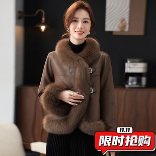 洋气时髦羽绒服短款女士时尚气质皮毛一体皮衣外套秋冬季妈妈ER26