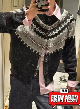 灰色复古费尔岛提花开衫毛衣外套男秋季宽松慵懒风休闲卫衣针ER25
