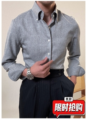 白色休闲衬衫男长袖秋季商务免烫修身绅士上衣百搭时尚尖扣领ER70