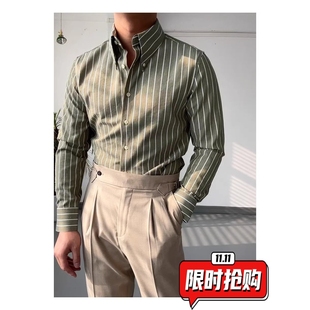 休闲商务长袖 个性 条纹衬衫 复古绿纽扣长尖领衬衣时尚 ER26 意式 秋季