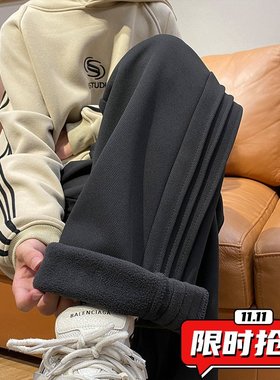 秋冬重磅加绒休闲卫裤男美式复古灰色阔腿裤子青少年垂感运动ER43