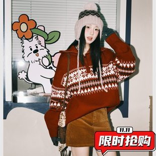 圣诞新年红色毛衣男女秋冬季美式费尔岛半拉链套头提花针织衫ER14