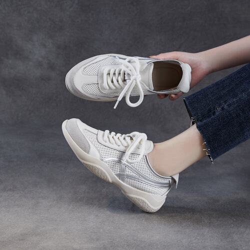 真皮学院风系带厚底德训鞋女25春夏款运动休闲鞋镂空透气小众C-76