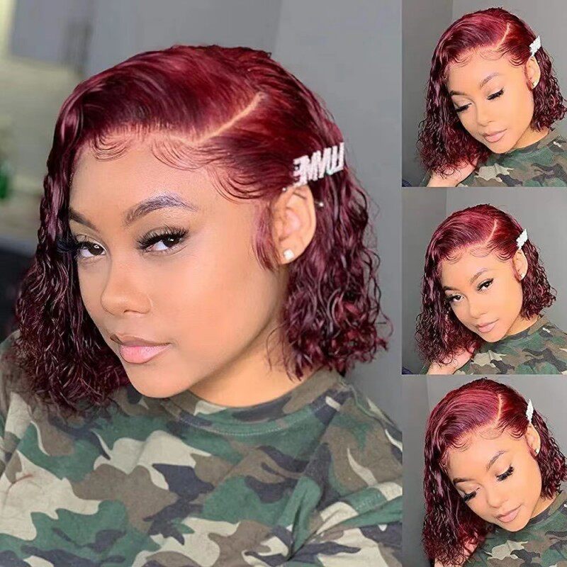 100% human hair short curly 13*4 lace 非洲真人假发 99j 酒红