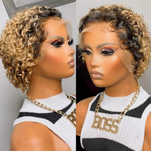 100% human hair 13*1 short curly Natural wig 真人发丝短卷发