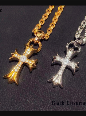 Black Luxurious电镀22K18K风格中号经典镶钻十字架刻字个性项链
