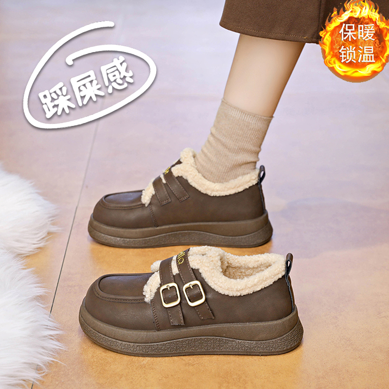 复古加绒小皮鞋女冬季羊毛棉鞋2025新款保暖真皮乐福鞋防滑妈妈鞋