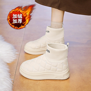 时尚袜套雪地靴女2025冬季加绒短靴子增高小白靴34码厚底高帮棉鞋