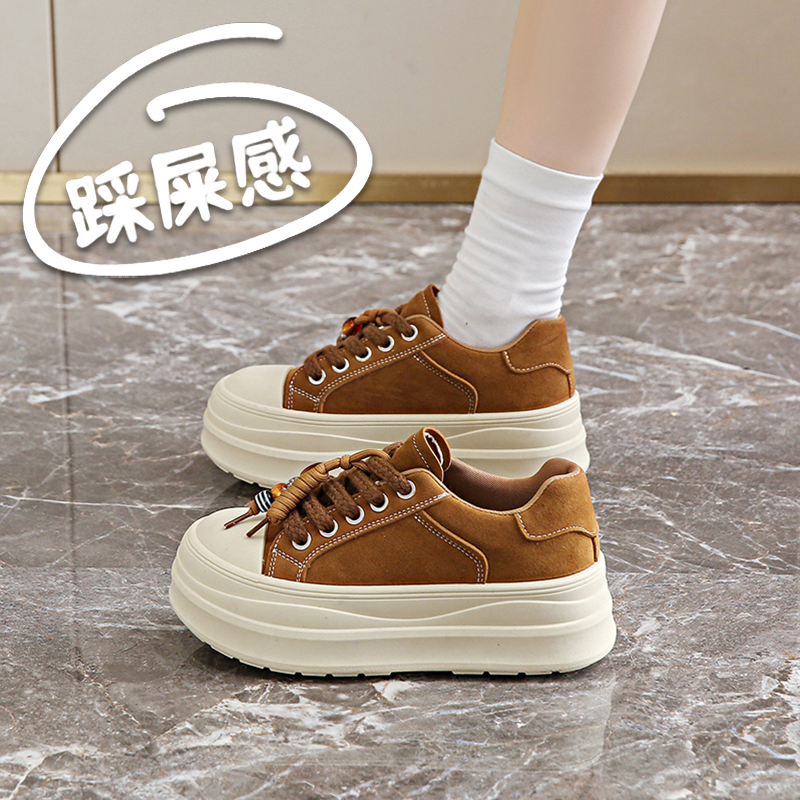 真皮厚底板鞋女2025秋季新款增高34码休闲运动鞋小个子松糕单鞋子