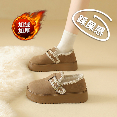 加绒勃肯鞋女2025冬季新款保暖厚底一脚蹬薄绒棉鞋34码孕妇乐福鞋