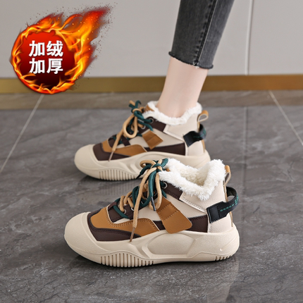 时尚潮牌加绒老爹鞋女款2025新款冬季高帮棉鞋真皮软底运动学生鞋