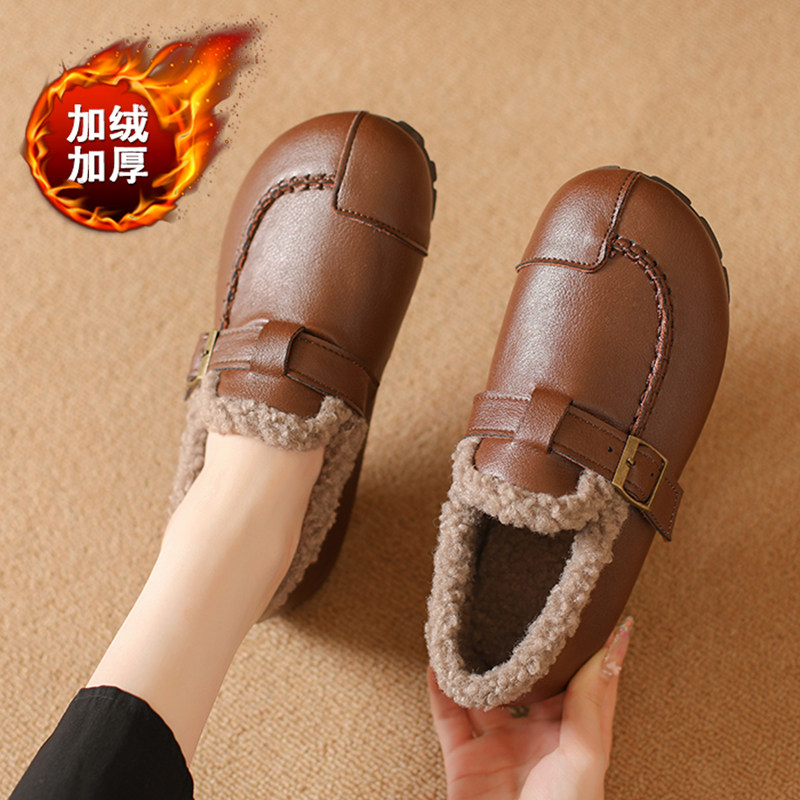 真皮妈妈棉鞋女冬季防水防滑皮面豆豆鞋一脚蹬保暖中老年加绒皮鞋,女鞋,棉鞋,淘宝优惠券,粉丝福利购,淘宝优惠卷