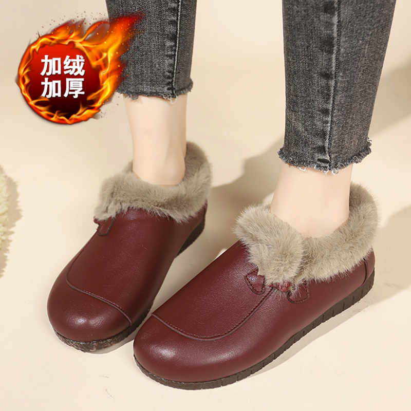 妈妈棉鞋女冬季防水防滑加绒保暖老人鞋一脚蹬雪地靴真皮奶奶皮鞋
