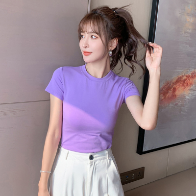 半高领紫色t恤女短袖修身欧洲站2021年夏季新款内搭紧身上衣ins潮