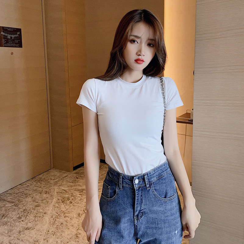 韩版纯棉半高领紧身短袖T恤女百搭春夏简约白色打底衫女装上衣潮