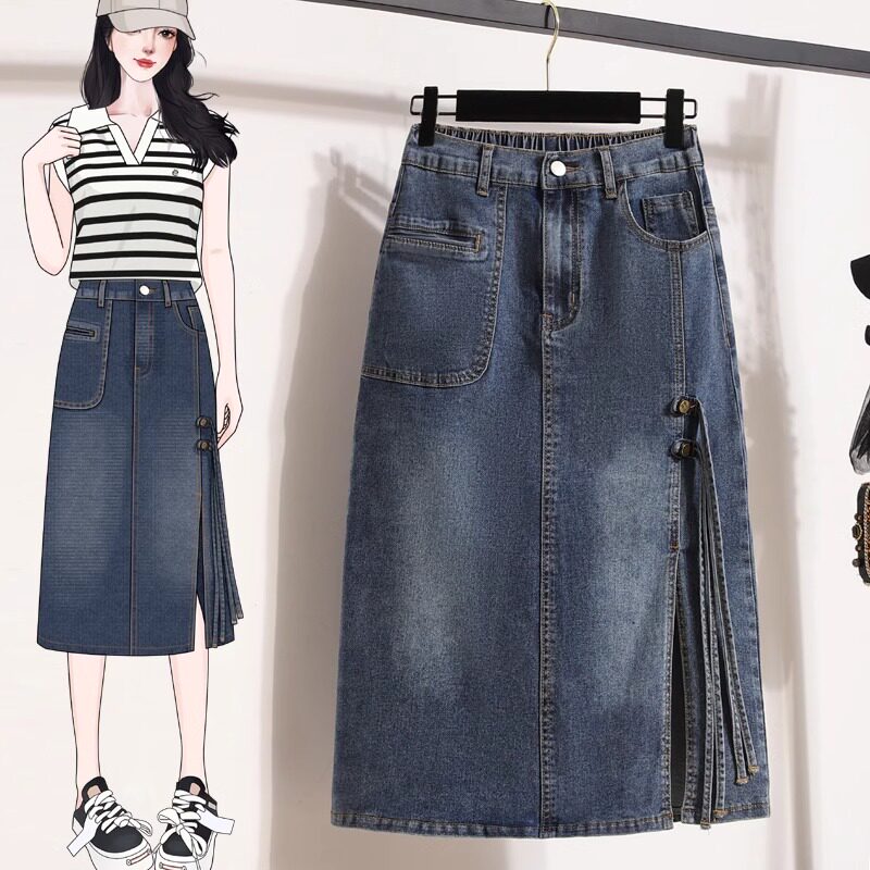 夏季薄款加肥加大码牛仔半身裙女中长款胖mm设计感开叉弹力直筒裙