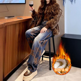 秋冬新款加绒加厚松紧腰直筒牛仔裤女士时尚提花雪尼尔植绒阔腿裤