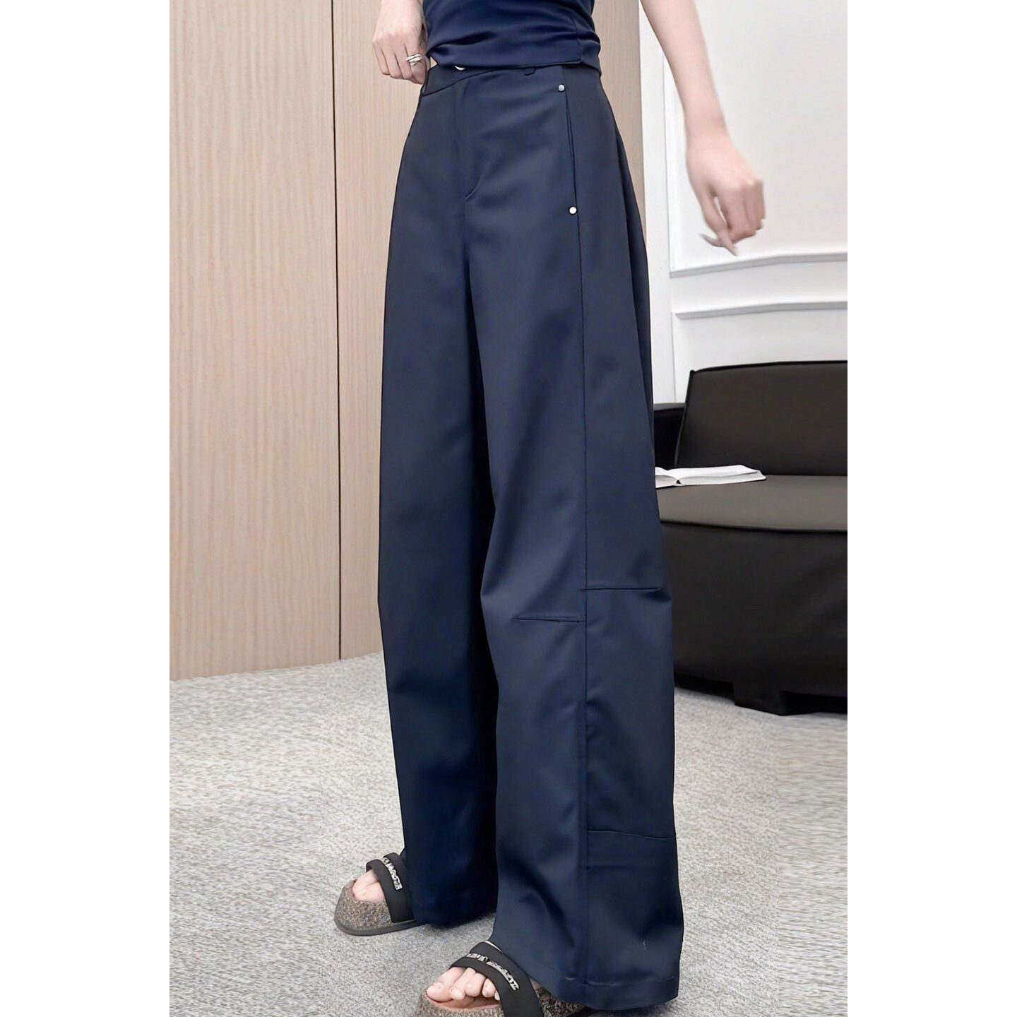 复古藏青色工装裤女秋季新款大码梨形身材设计感高腰宽松显瘦长裤
