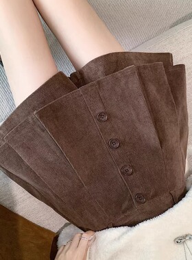 设计感灯芯绒裙裤女秋冬胖m复古减龄百褶高腰条绒A字阔腿短裤外穿