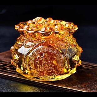 新招财猫聚宝盆水晶玻璃招财元宝聚福袋摆件招财进宝钱袋家庭玄关