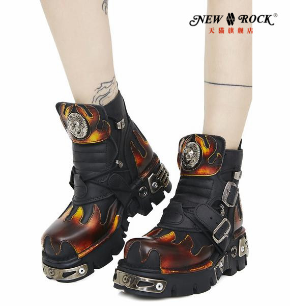 NEWROCK官方正品手工定制真皮火焰金屬搖滾短筒厚底男女靴多色在類目 流行男鞋, 靴子中 - 來自Buy2taobao.com提供專業的淘寶代購服務