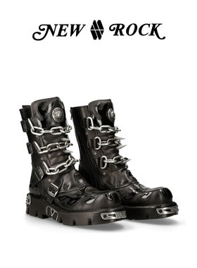 New Rock官方正品金属铆钉铁链做旧朋克摇滚机车真皮男女厚底靴