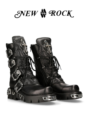 NEWROCK官方正品手工定制复古做旧暗黑十字架朋克厚底中筒情侣靴