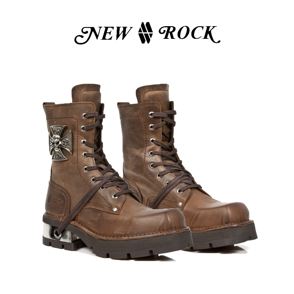 NEWROCK官方正品西班牙进口真皮手工定制金属简约中筒骑士靴男鞋