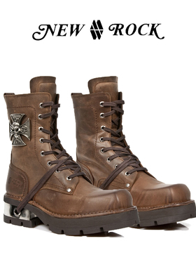 NEWROCK官方正品西班牙进口真皮手工定制金属简约中筒骑士靴男鞋