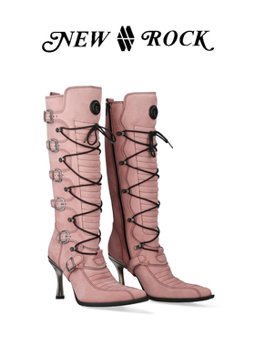 New Rock西班牙潮牌秋冬新款复古朋克西部辣妹尖头系带高筒时装靴