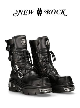 NewRock官方正品西班牙真皮做旧手工定制暗黑朋克中筒金属厚底靴