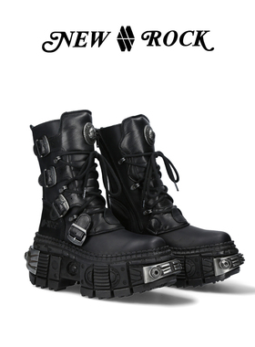 New Rock秋冬新款暗黑朋克金属坦克厚底系带中筒靴