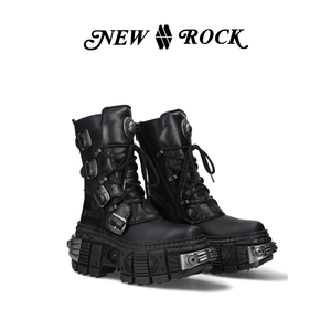 New Rock秋冬新款暗黑朋克金属坦克厚底系带中筒靴