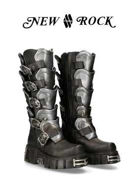 NEWROCK官方正品镇店之宝手工真皮定制金属男女机车高筒厚底战靴