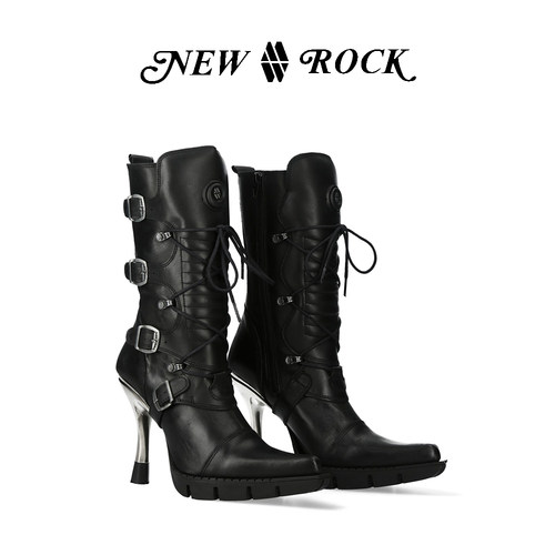 NEW ROCK西班牙潮牌新款赛博哥特女王中筒西部尖头金属高跟靴