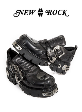 NEWROCK官方正品手工定制火焰骷髅复古做旧朋克亚文化厚底低帮鞋