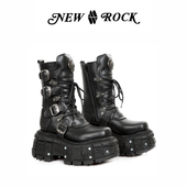 NewRock春季 皮靴 小众设计撞色厚底坦克鞋 新品 赛博朋克网红款