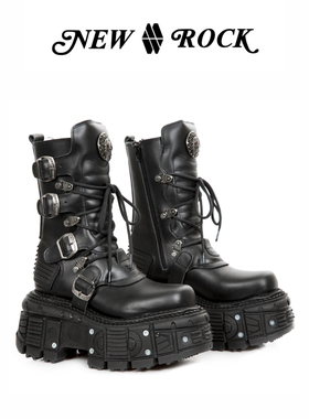 NewRock春季新品赛博朋克网红款小众设计撞色厚底坦克鞋皮靴