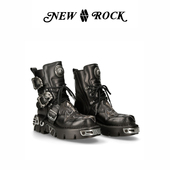 NEWROCK官方正品 手工定制暗黑赛博朋克机车金属做旧厚底短筒靴