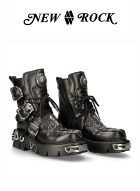 NEWROCK官方正品手工定制暗黑赛博朋克机车金属做旧厚底短筒靴