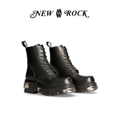 NEWROCK官方正品 复古做旧真皮手工定制厚底金属工装 短筒马丁靴